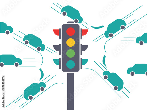 Smart traffic light system manages vehicle flow. Dynamic light changes illustrate AI-powered traffic optimization. Modern, graphic design.