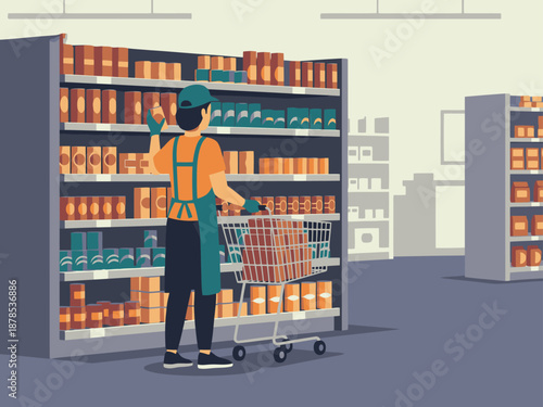 A staff member restocks shelves in a warehouse. Focused on product placement and clear visual composition. Modern, bright, and professional.