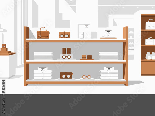 Stylish clothing display shelf in a retail setting. Clean, modern design showcases shirts, trousers, and accessories. Ideal for e-commerce and marketing visuals.