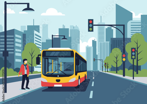 A vibrant illustration depicts a modern bus stop with a bus, traffic lights, and a waiting passenger.  Smart bus stop activity. Clean, bright, and inviting.