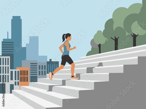 A woman energetically runs up city stairs against a cityscape backdrop. Vibrant colors and dynamic action create a visually appealing image for lifestyle and fitness content.