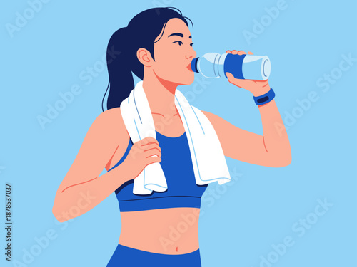 A woman hydrates after a run, showcasing recovery and fitness. Clean lines, bright colors, and a focus on wellness. Ideal for health and lifestyle content.