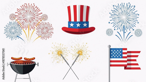 Independence Day celebration icons with fireworks and grill