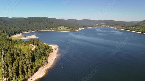 Aerial drone footage of flight over the Schluchsee in the Black Forest in Southern Germany