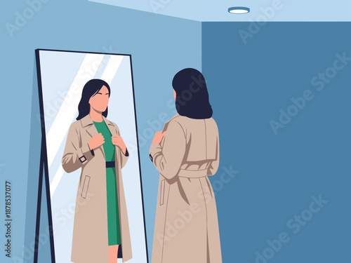 A woman tries on clothes in front of a mirror, examining her reflection. A stylish, modern scene with a focus on personal style and appearance.