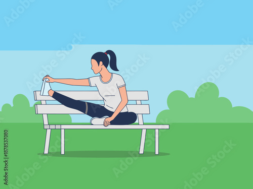 A woman stretches on a park bench, enjoying a relaxing moment outdoors. Simple, clean lines and a bright, airy feel. Perfect for health and wellness visuals.