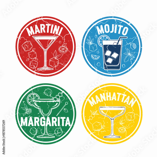 Colorful Cocktail Badge Collection Featuring Martini Mojito Margarita and Manhattan Designs