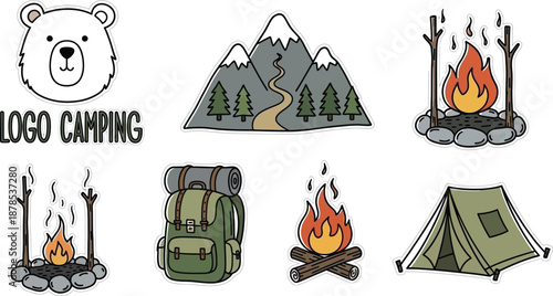 Collection of illustrated camping icons featuring a friendly bear logo mountains a tent backpack and various campfires for outdoor adventure designs