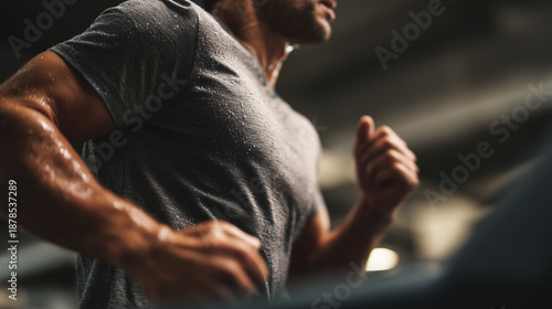 Japanese male runner training on a treadmill in a minimalist gym. Focused indoor cardio and endurance training. Asian athlete on indoor treadmill, modern gym. Asian man healthy lifestyle.