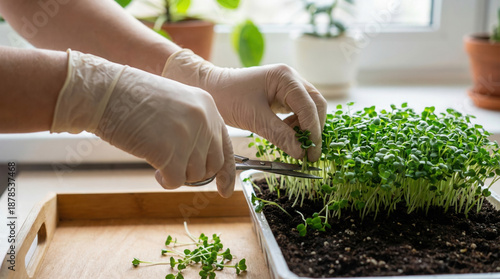 Hands wearing gloves carefully harvest microgreens with scissors from a soil-filled tray on a wooden surface near a window with potted plants, demonstrating precise and hygienic indoor gardening.