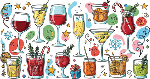 Assortment of festive holiday cocktails and wine glasses decorated with candy canes stars and snowflakes for a cheerful celebration