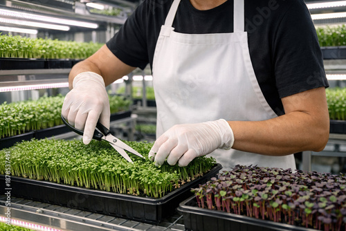 A man harvests fresh microgreens with scissors on a vertical farm under LED lighting, demonstrating the principles of sustainable urban agriculture, precision farming, and healthy food production.