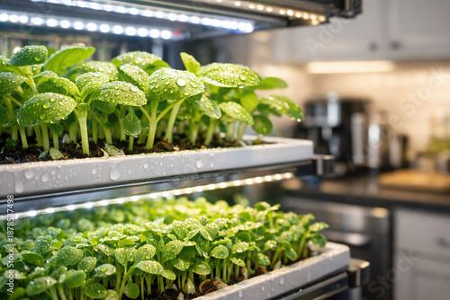 Close-up of green seedlings covered in water droplets on white trays under LED grow lights in an indoor kitchen setup, highlighting hydroponic gardening, fresh herbs, and sustainable urban farming.