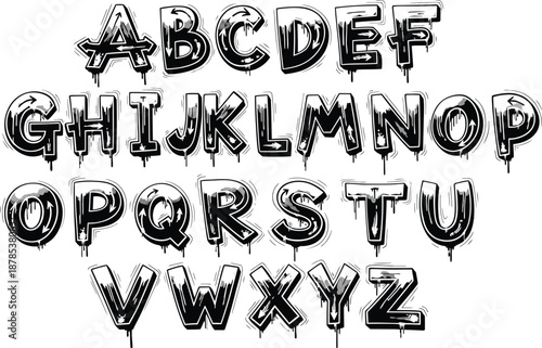 Complete black and white graffiti alphabet font featuring stylized dripping letters with integrated arrow motifs for graphic design projects