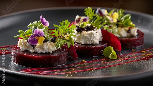 Wallpaper Mural Beetroot and goat cheese plate, restrained plating, fine dining mood, elegant negative space Torontodigital.ca