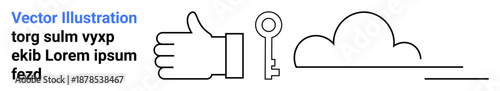 Access control, cloud storage, data security, online privacy, digital synchronization, technology. A hand with a thumbs-up, a key and a cloud. Access control and cloud storage concept