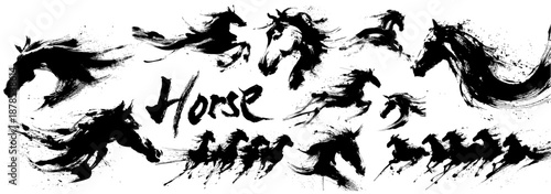 Chinese new year of the horse zodiac brush painting with dynamic ink strokes on white background