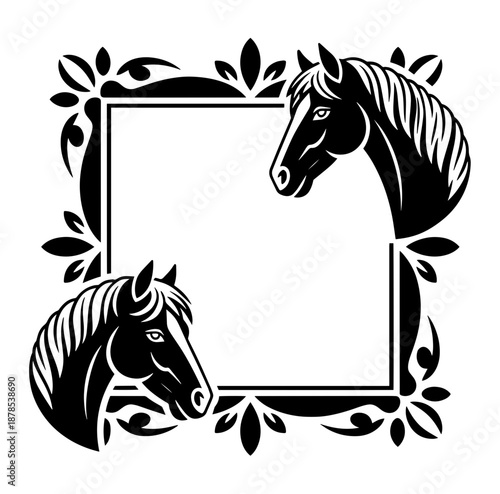  outline horses in motion. Black vector silhouettes running and trotting.