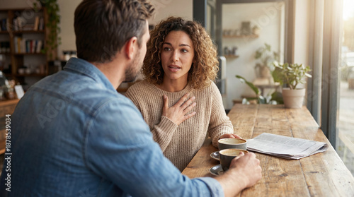 Earnest woman speaking truth to listening man in coffee shop. Biblical concept of honest communication, patience and reconciliation based on 1 Corinthians 13. Couple resolving relationship issues.
