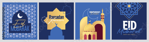 Islamic festival poster background design with mosque, flower, arabic calligraphy, crescent moon and lantern. Suitable for Ramadan Kareem , Hari Raya, Eid Mubarak, Eid al Adha.