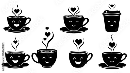 Set of eight adorable coffee cups and mugs with smiling faces and hearts steam a lovely beverage collection