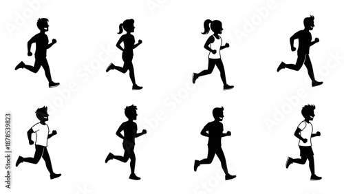 Set of eight dynamic black and white illustrations showcasing men and women jogging or running with speed lines