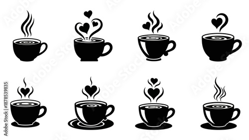 collection of stylized coffee cups with steaming hot beverages and heart shaped steam evoking warmth love and comfort