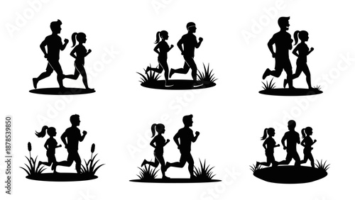 Couple running silhouettes set black icons on white background man and woman jogging together active lifestyle fitness health symbol vector illustration