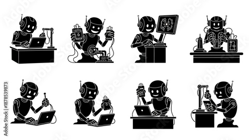 Collection of monochrome flat icons featuring robots doing various tasks including programming repairing holding technology gadgets and working at a desk