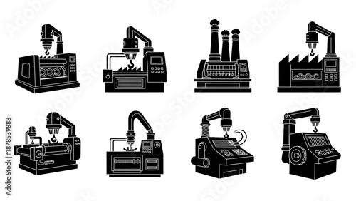 Set of heavy industrial machinery and factory buildings vector silhouettes illustrating manufacturing automation engineering equipment and production processes