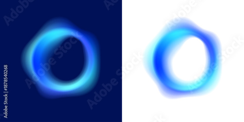 Abstract liquid gradient blue circle displays neon colors, blot drops create reflective highlights. Smooth form defines balanced rounded shape. Vector png banner sign.
