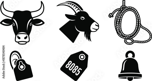 Black and white cattle ranching icons with cow heads and livestock equipment