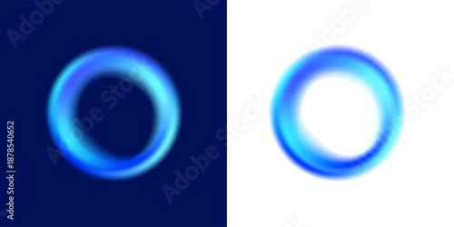 Abstract liquid gradient blue circle set displays neon colors, blot drops create reflective highlights. Smooth form defines balanced rounded shape. Vector png banner sign.