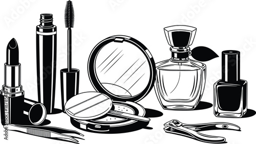 Black and white illustration of various makeup and beauty products