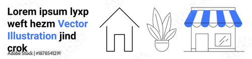Real estate, interior design, small business, commerce, urban planning, and minimalism. A house, potted plant and store facade are . Real estate and small business concepts