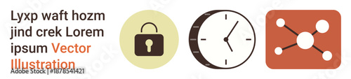 Digital security, time management, network connection, data flow, business workflow, online communication. Lock, clock and network symbols displayed in minimalist style. Digital security and time