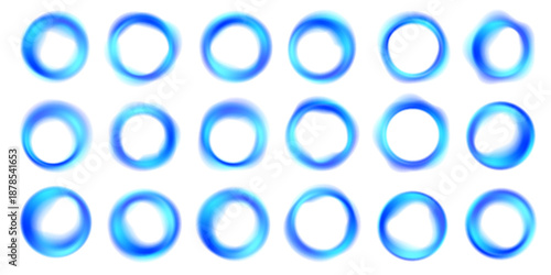 Bright neon set circle frame with smooth gradient glow, PNG vector. Luminous round ring with soft light reflections and blur. Futuristic abstract circular shape. Cool water turns. Blue portal, tunnel