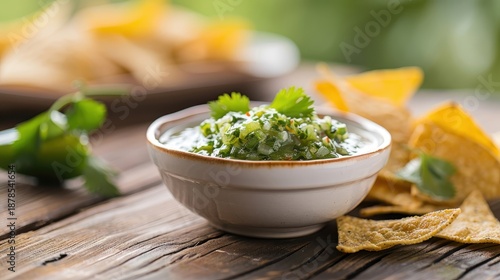A colorful Mexican salsa verde with chopped cilantro and tortilla chips.