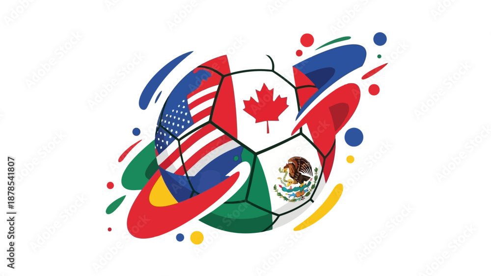 Fototapeta premium Vibrant soccer ball surrounded by dynamic flags of Canada, USA, and Mexico in a celebratory sports graphic illustration