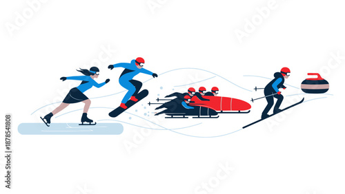 People engaging in winter sports, snowboarding and riding snowmobiles on a snowy terrain from an aerial viewpoint.