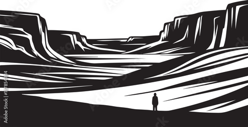 A person standing alone in a vast desert landscape