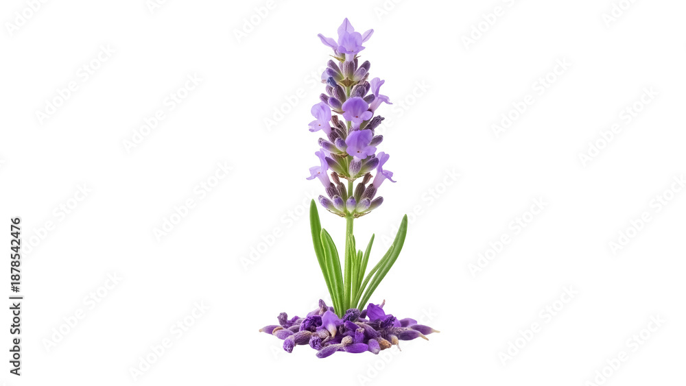 Obraz premium Fragrant lavender flower isolated PNG on transparent background, purple bloom with green leaves for aromatherapy and herbal medicine concepts