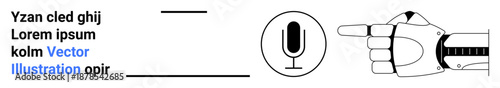 Artificial intelligence, voice commands, tech innovation, automation, user interfaces, human-robot interaction. Robotic hand pointing to microphone icon. AI and voice commands concept