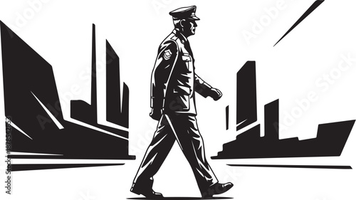 Police Officer Walking in Cityscape at Night Time Silhouette