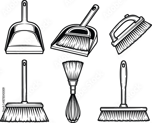 A collection of cleaning tools and equipment