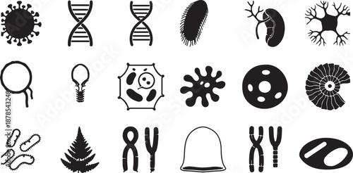 Collection of various biological and kitchen icons isolated on transparent background