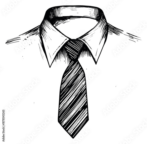 Hand drawn line art illustration of a shirt collar and tie depicting professional attire for business and fashion concepts