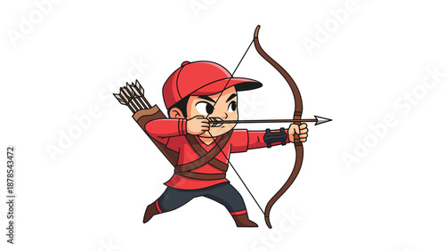 Cartoon Archer Boy Aiming with Bow and Arrow on White Background