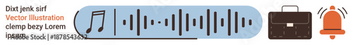 Audio notifications, digital alerts, work reminders, sound management, business communication, alert systems. Sound wave with icons of a briefcase and alert bell. Audio notifications and digital
