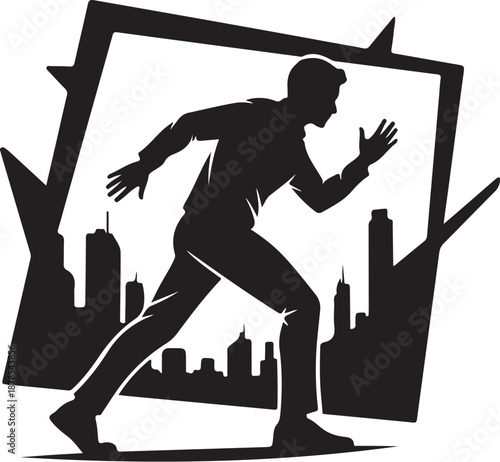 Man Running in Front of City Skyline Silhouette Vector